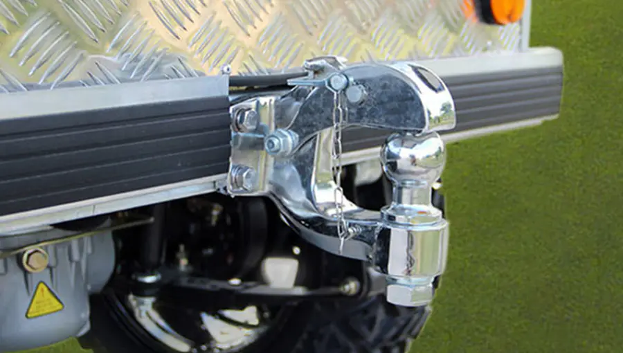 Close-up of heavy-duty towing hook installed on Tara Turfman 700, designed for secure towing and hauling