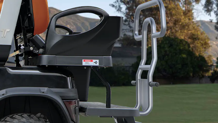 Close-up of Tara golf cart flip-flop rear seat storage kit showing secure and spacious cargo area