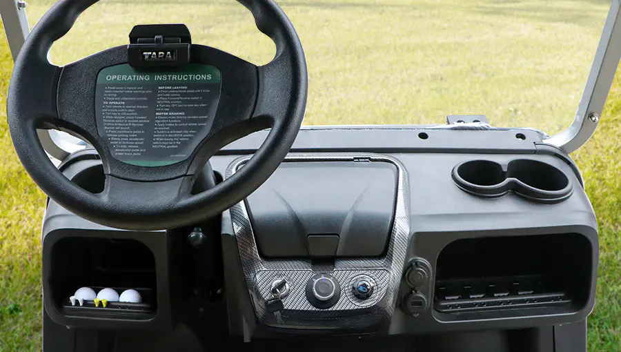 Close-up of Tara golf cart multi-functional dashboard featuring digital display and multiple control buttons