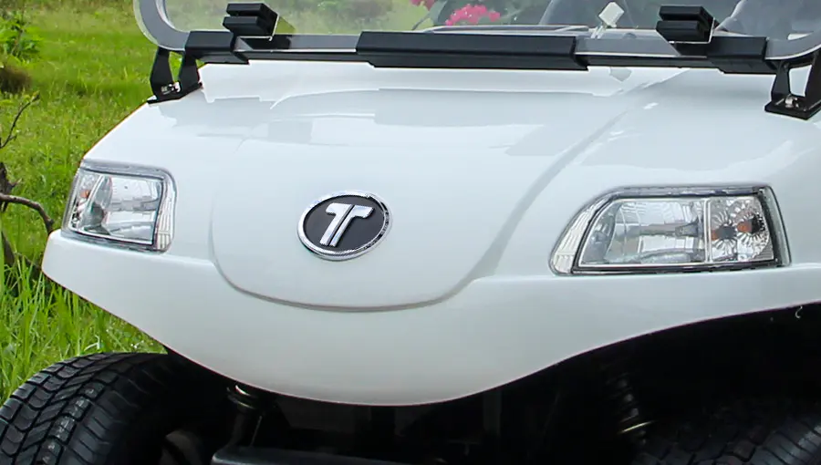 Close-up of Tara golf cart LED headlights providing clear illumination for night driving
