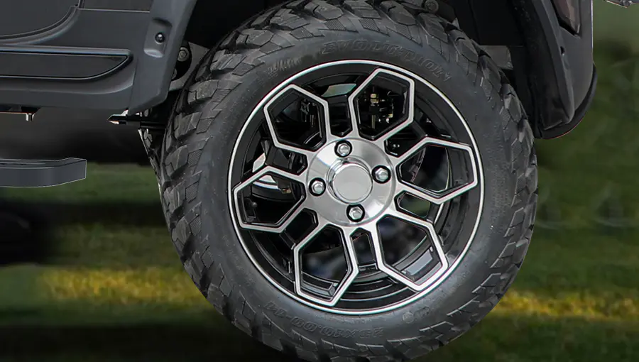 Close-up of Tara golf cart silent tires featuring aggressive off-road tread pattern for enhanced traction and reduced noise