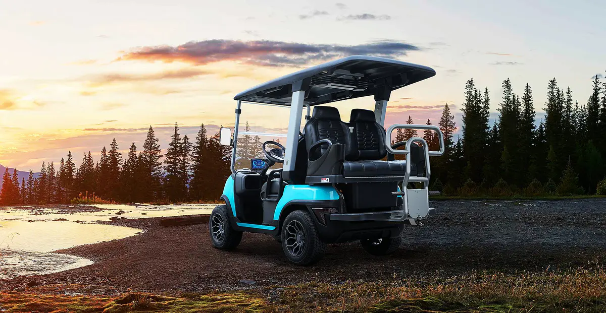 Tara Roadster 2+2 on Forest Trail – Stylish and Rugged Electric Golf Cart