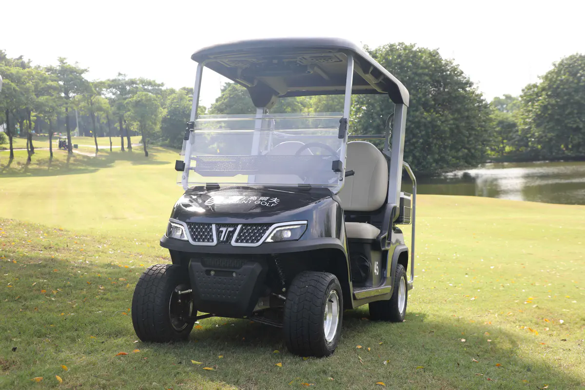 Row of TARA electric golf carts ready for customer pickup