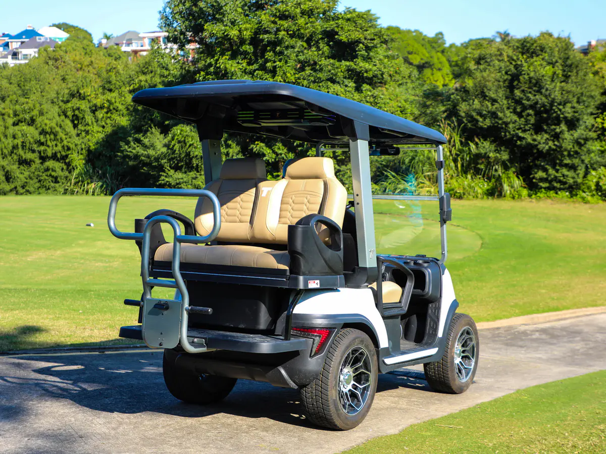 Tara golf carts lined up on a golf course