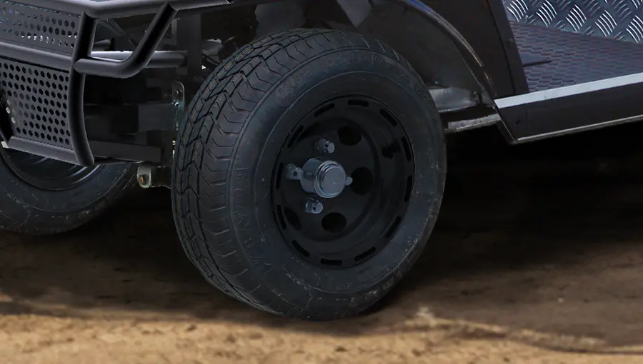 Standard road tread tire on Tara electric golf cart, designed for quiet, stable, and comfortable ride on pavement
