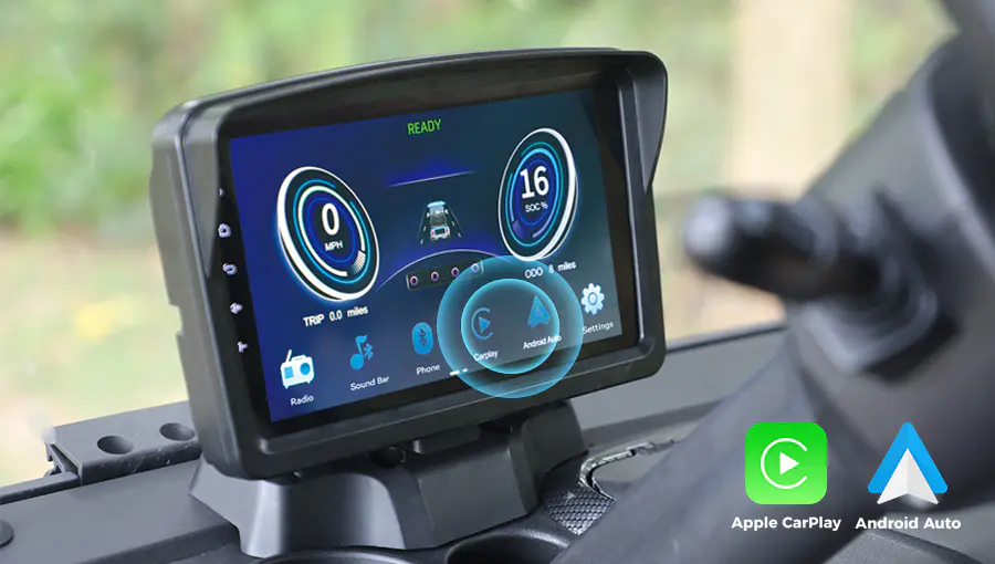 Close-up of Tara golf cart touchscreen displaying Apple CarPlay and Android Auto interface for seamless smartphone integration