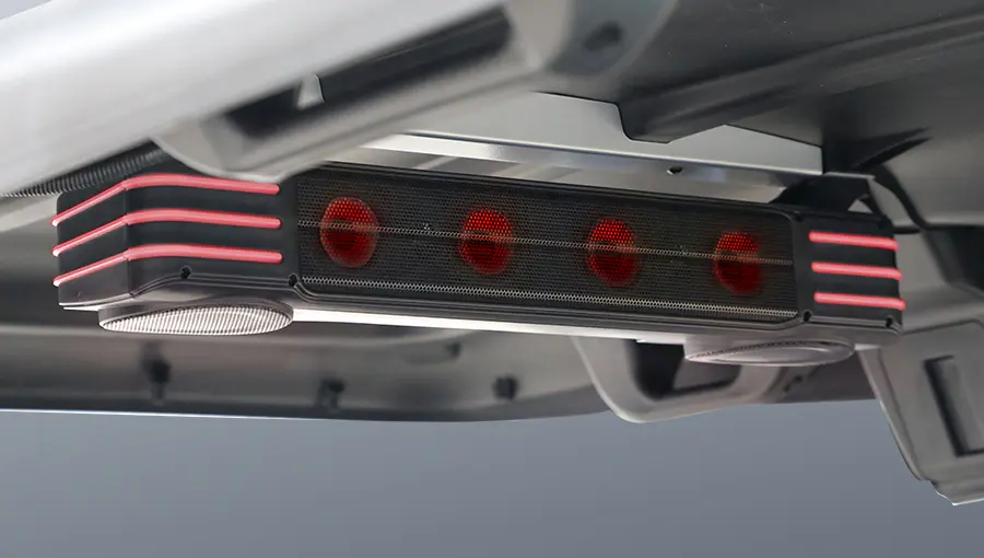 Close-up of Tara golf cart cuboid sound bar delivering high-quality sound with a modern, compact design
