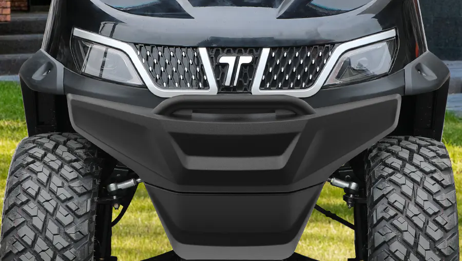 Close-up of Tara golf cart front bumper combined with LED headlights, taillights, and indicator lights for enhanced safety