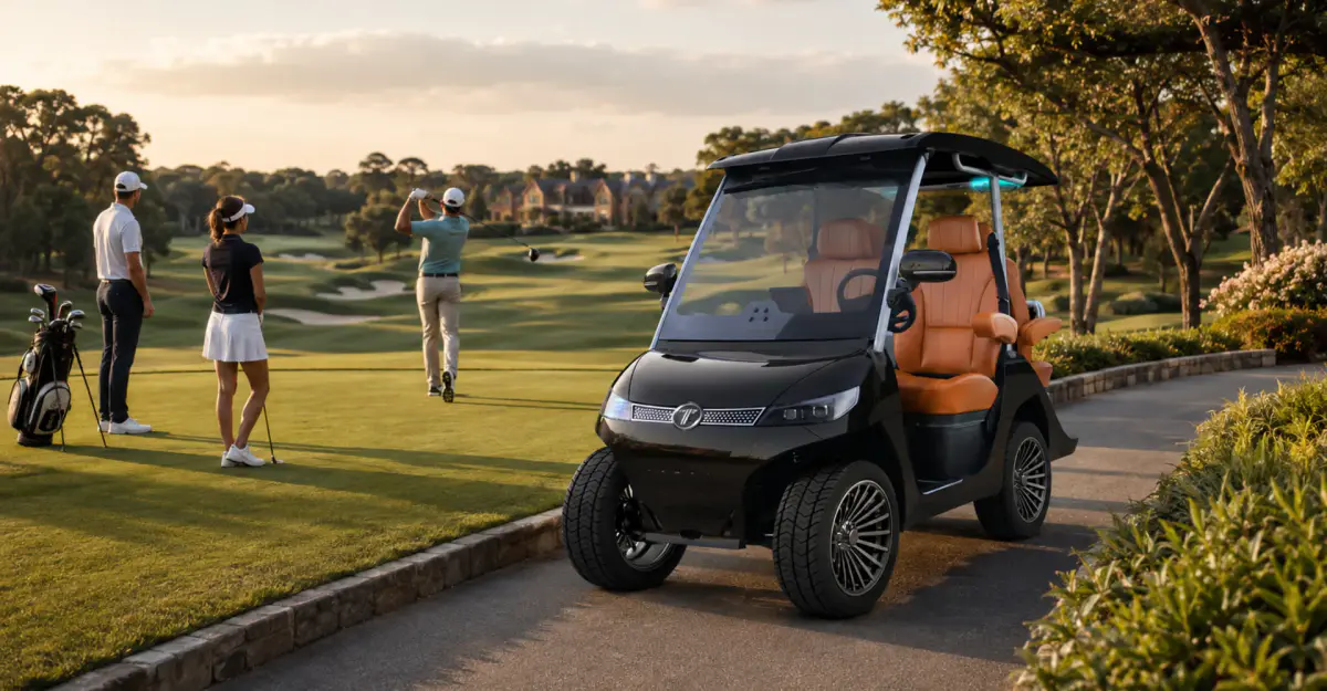 Black TARA golf cart parked beside a fairway at sunset