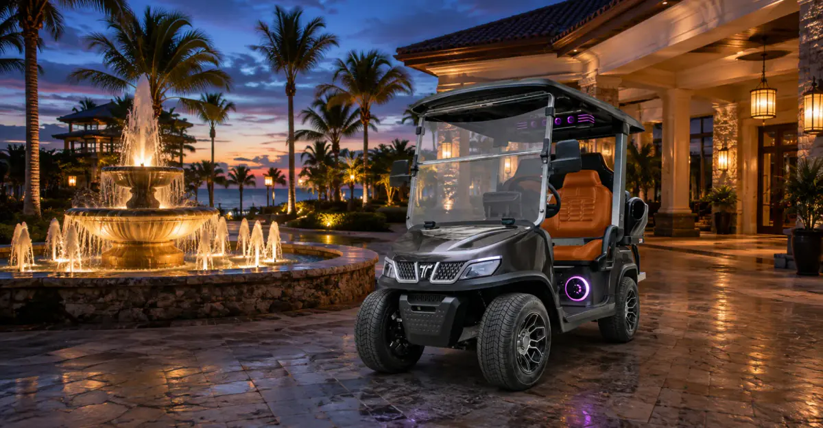 TARA golf cart at a resort entrance in the evening