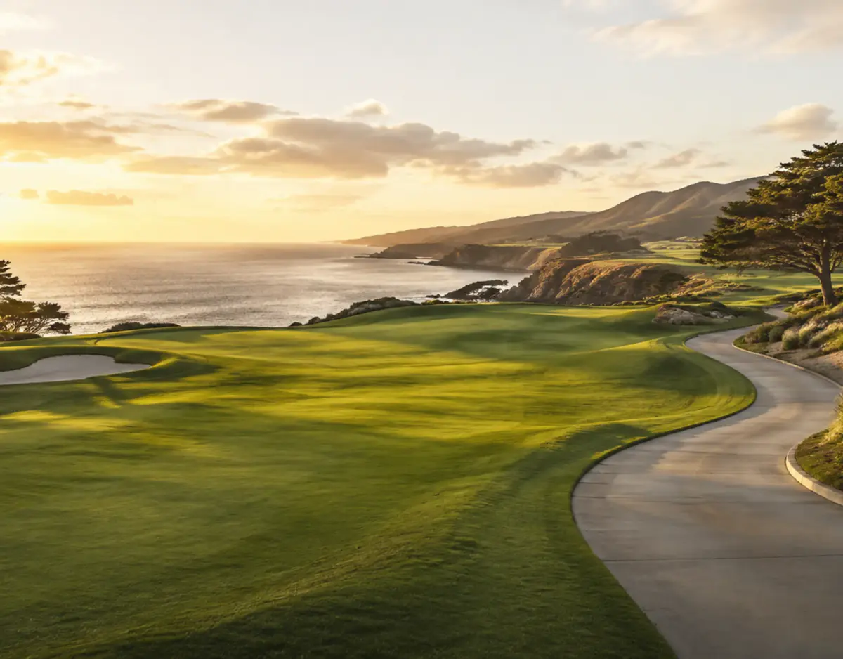 TARA electric golf carts on a golf course at sunset